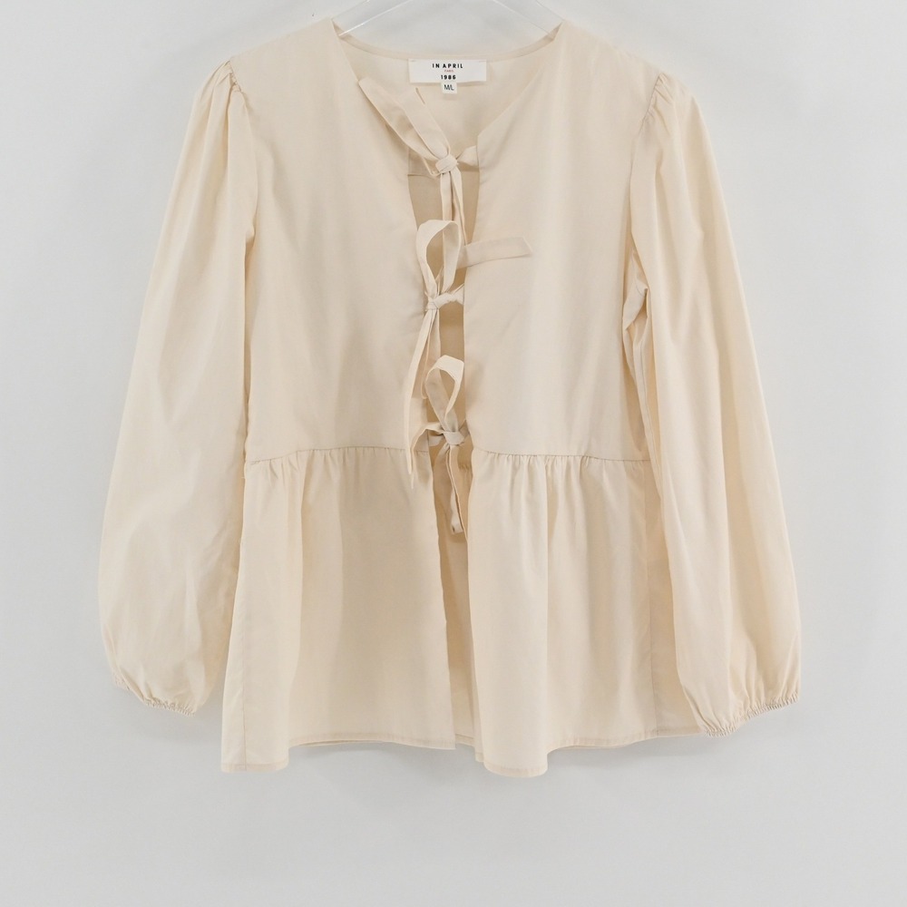 In April 1986 Tie Front Peplum Blouse Womens Size M/L Cream Cotton Cottagecore